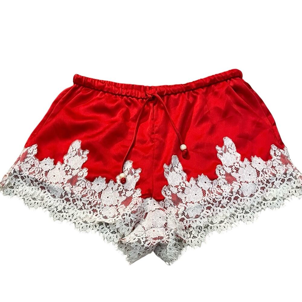 Kittenish Satin Lace Trim Shorts Large Red Drawstring Preppy Coquette Pajamacore